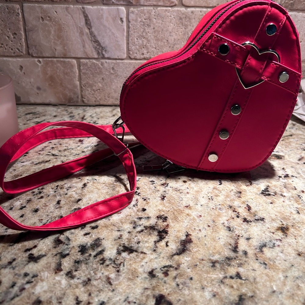 Red Heart-Shaped Bag with Silver Studs and Detachable Strap